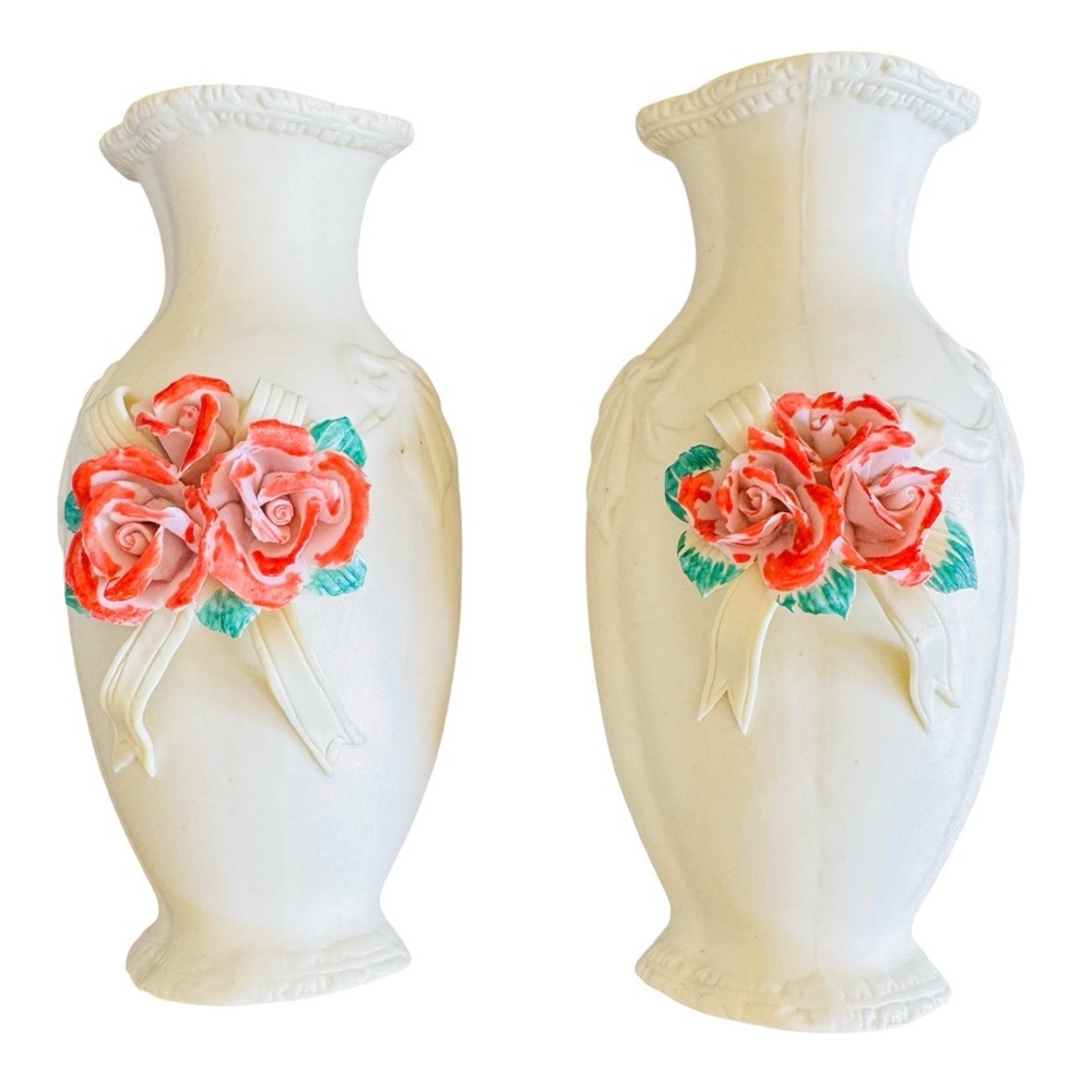 Vintage wall pocket vases rose bows bisque cottage Victorian floral